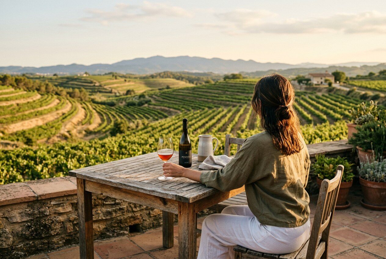 Terraza con vistas a los viñedos del Penedès durante el retiro